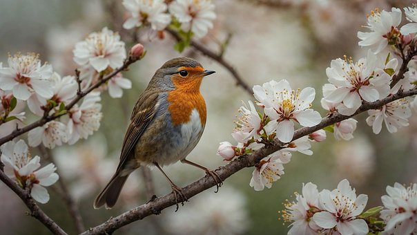Ai Generado, Pájaro, Flores, Primavera