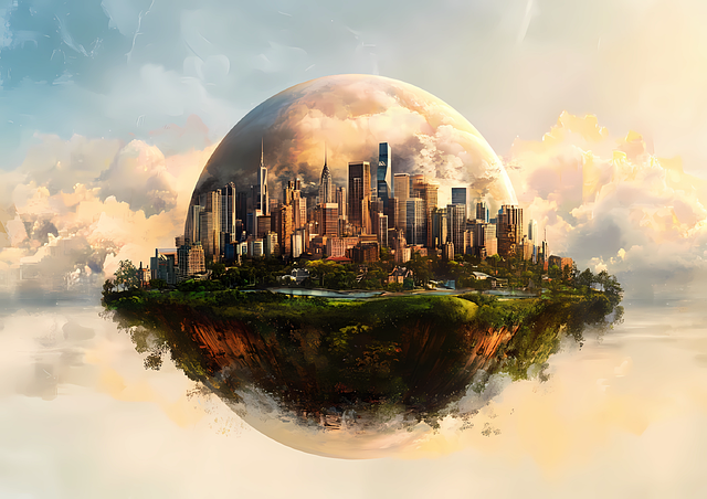 Free floating city cloud city utopia illustration
