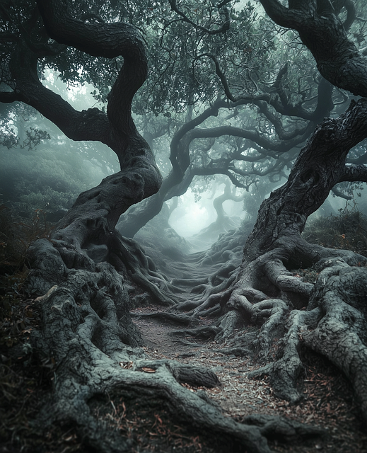 Free ai generated dark dense forest gnarled trees pathway illustration
