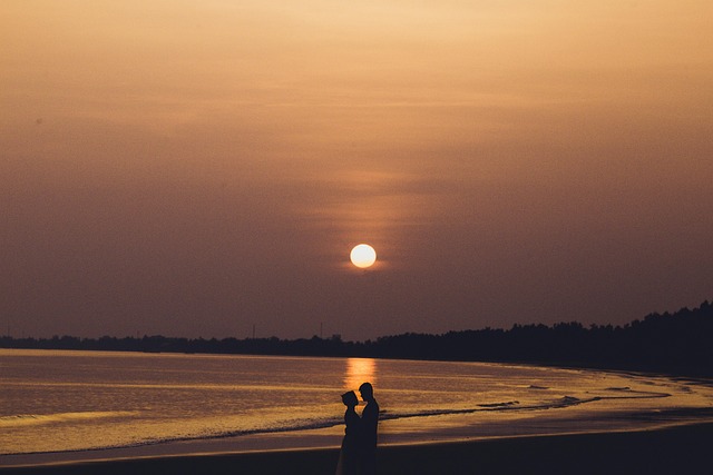 Paar, Sonnenuntergang, Strand, Meer