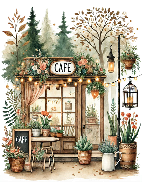 Free ai generated floral cafe in forest watercolor cafe illustration