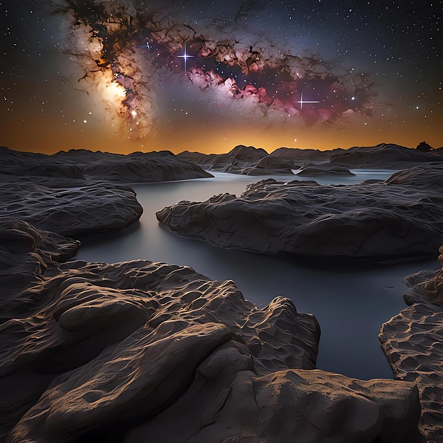 Free surreal landscape rocky formations vibrant galaxy illustration