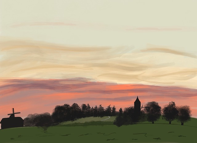 Solnedgang, Landskab, Tegning, Landsby