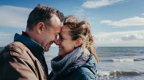 Paar, Glücklich, Wind, Meer, Mitte