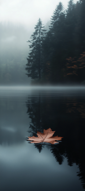 Free autumn leaf floating leaf misty lake illustration