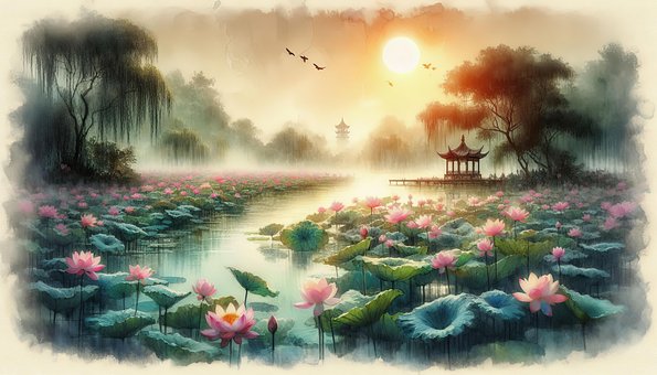 Ai Generiert, Teich, Blumen, Lotus Teich