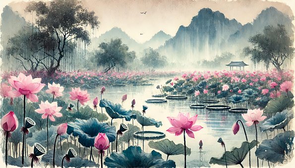 Ai Generiert, Teich, Blumen, Lotus Teich