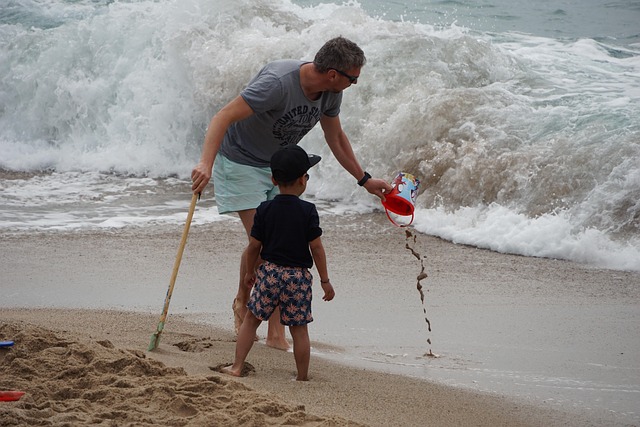 Pai, Família, Criança, Junto, Praia, Mar