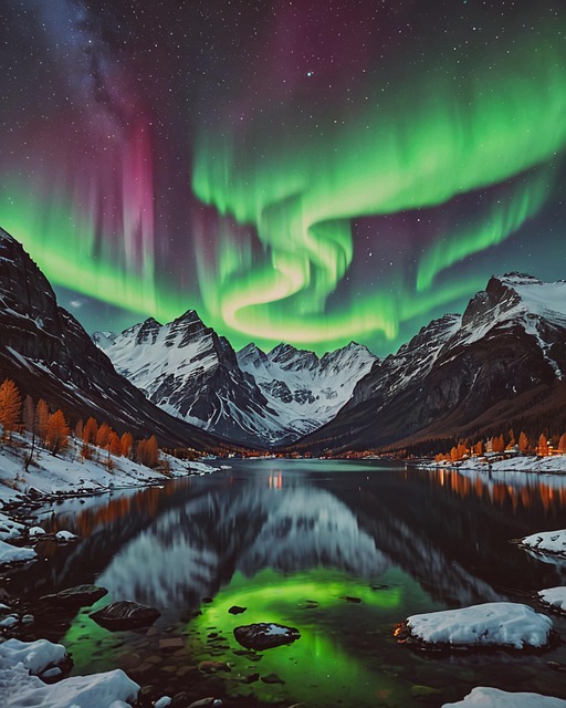 Free lake mountains northern lights illustration