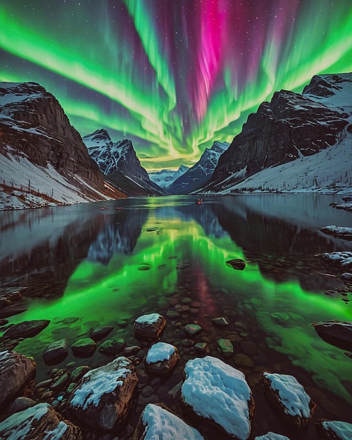 Free lake mountains northern lights illustration