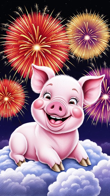 Free fireworks piggy new year's day illustration