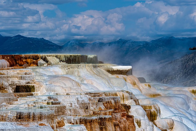 yellowstone national park, geyser, geothermal area, landscape, nature, national park, geology, united states, geothermal energy, volcano, nature wallpaper, waterfall, deposits, volcanic, layers, minerals, coloured, limescale deposits