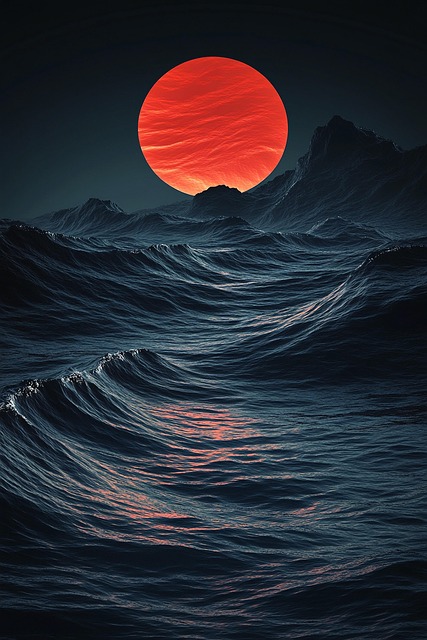 Free ai generated red sun ocean illustration