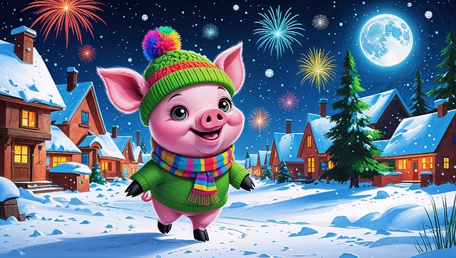 Free piggy fireworks village illustration