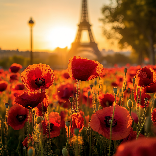 Free ai generated red poppies eiffel tower illustration