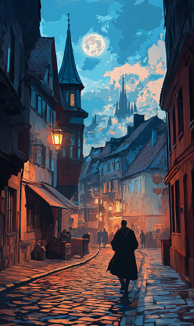 Free medieval street full moon night scene illustration