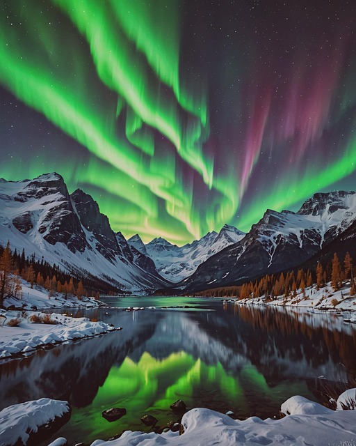 Free lake mountains northern lights illustration