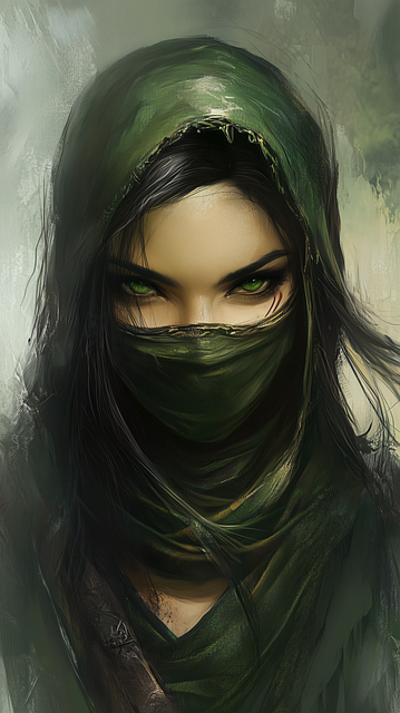 Free warrior woman green eyes hooded scarf illustration