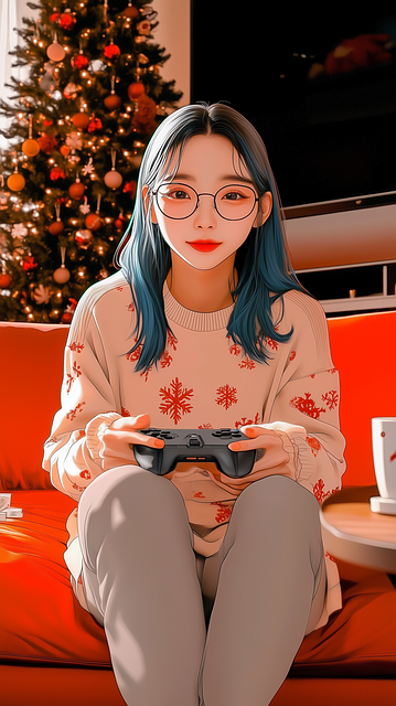Free christmas gaming cozy holiday vibes girl with glasses illustration
