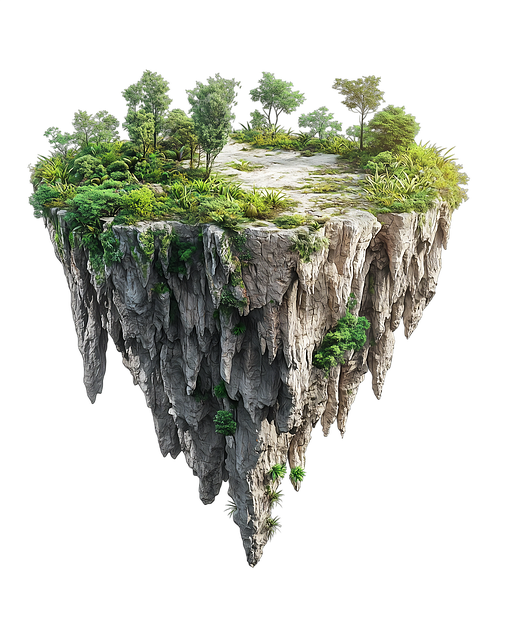 Free floating island towering cliffs pine forest illustration