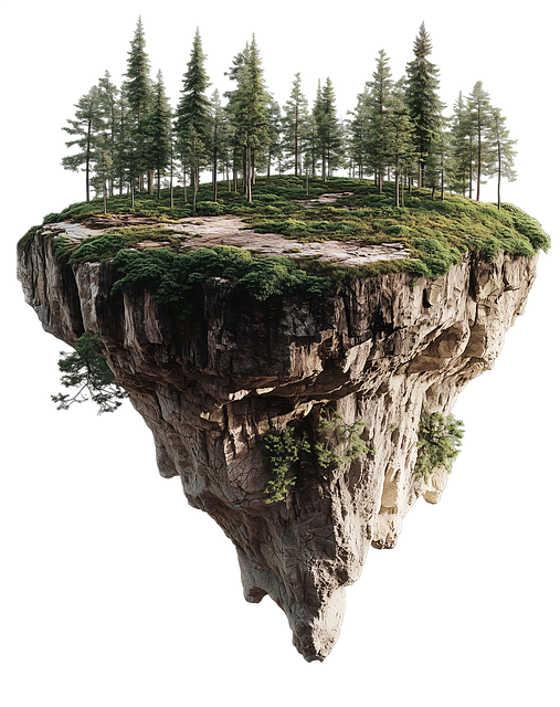 Free floating island lush forest rugged cliffs illustration