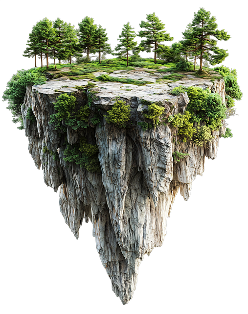 Free floating island towering cliffs pine forest illustration