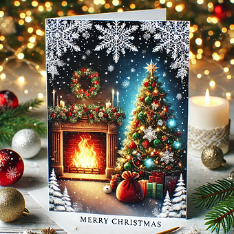 Weihnachten, Karte, Baum, Kamin