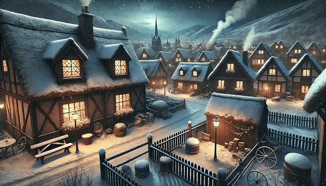 Invierno, Aldea, Noche, Paisaje