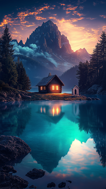 Free mountain cabin serene landscape tranquil lake illustration