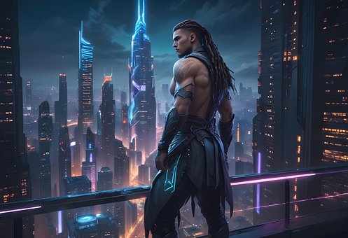 Fantasy, Zukunft, Cyber, Mann, Stadt