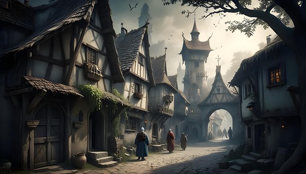 Fantasy, Dorf, Häuser, Alt, Menschen