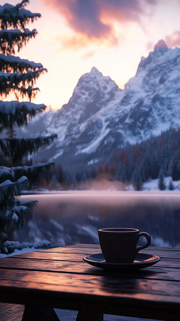 Free ai generated coffee cup scenic mountain view illustration