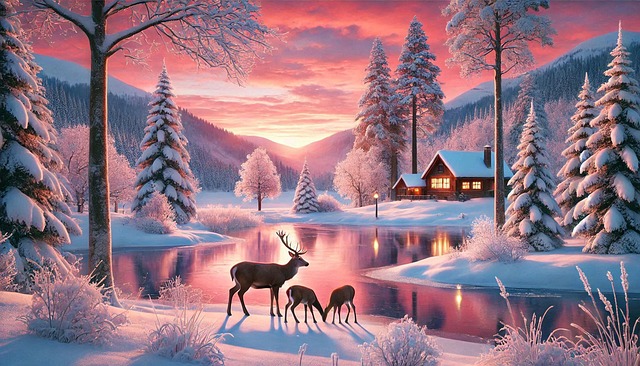 Ai Generado, Ciervo, Río, Nieve