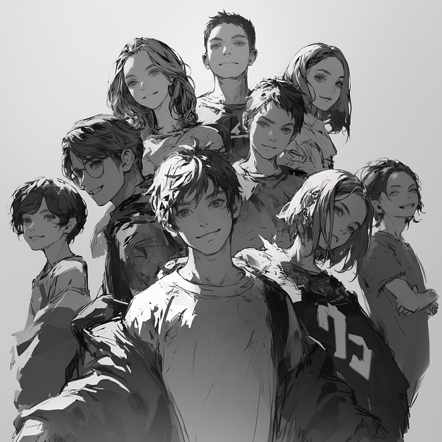 Free group friends monochrome illustration