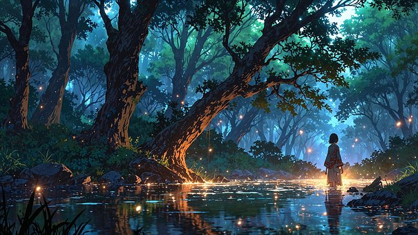 Ai Generado, Mujer, Árbol, Río, Fantasía