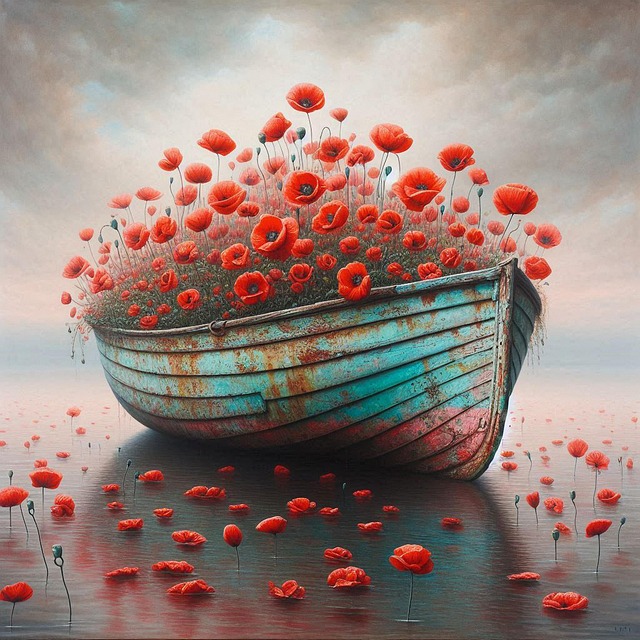 Ai Generiert, Boot, Mohnblumen, Wasser