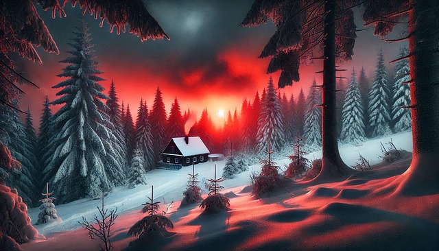 Puesta De Sol Roja En Invierno, Paisaje