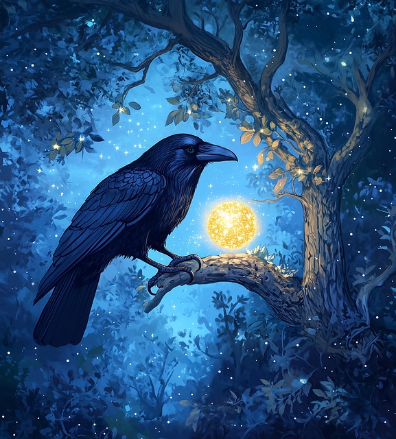 Free raven moon tree illustration
