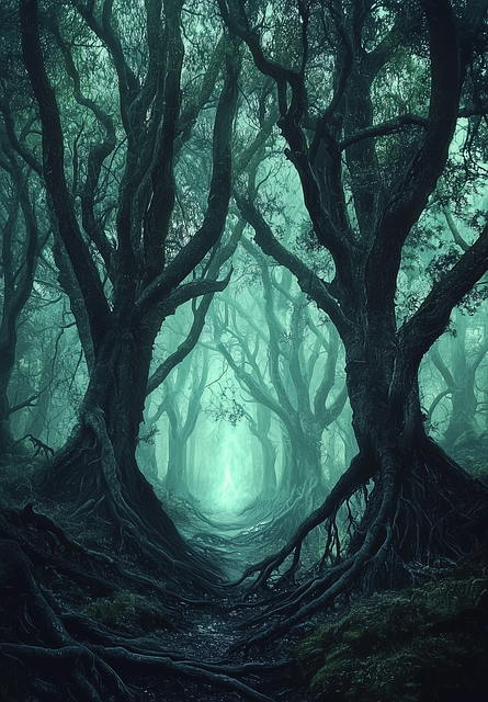 Free enchanted forest gnarled trees mystical glow illustration
