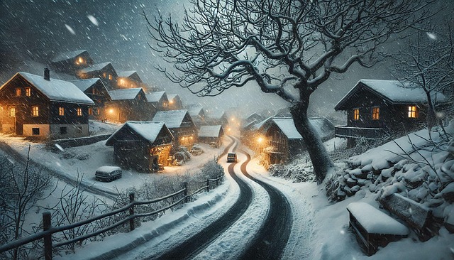 Tormenta De Nieve En Un Pueblo Por La Noch
