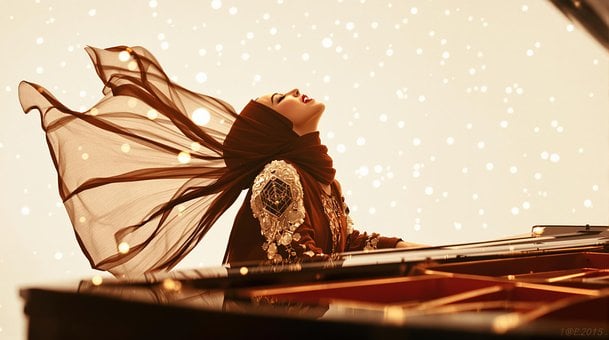 Frau, Hijab, Klavier, Elegant, Musik