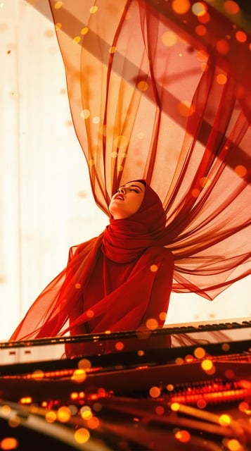 Frau, Hijab, Klavier, Rot, Stoff, Musik