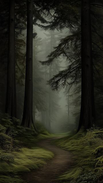 Free misty forest pathway towering trees illustration
