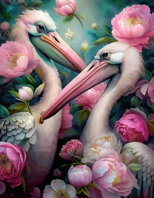 Free pelicans birds flowers illustration