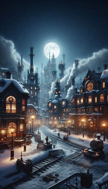 Ciudad, Noche, Fantasía, Luna, Pueblo