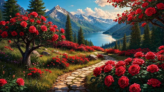 Free ai generated roses landscape illustration