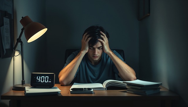 Free ai generated late-night study stressed student illustration