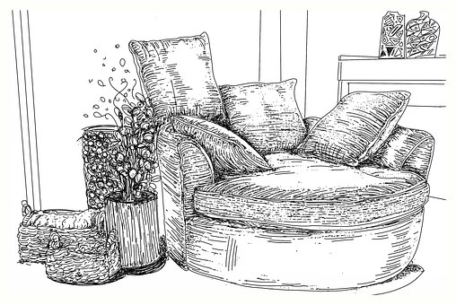 Sofa, Møbel, Stregtegning, Tegning