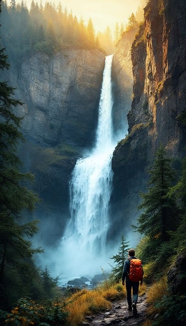 Free ai generated waterfall hiker illustration