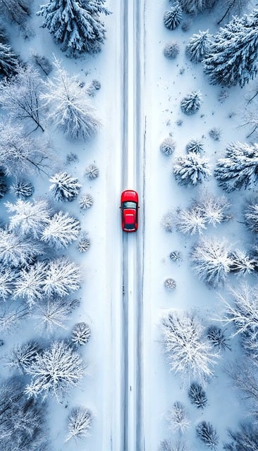 Free ai generated red car snow-covered road illustration